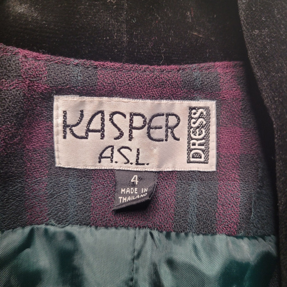 Vintage Kasper Dress 6 Purple Green Plaid Button Down Dark Academia Tailored - Picture 7 of 11